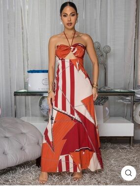 *NWT Strapless Red & Orange Geometric Print Maxi Dress